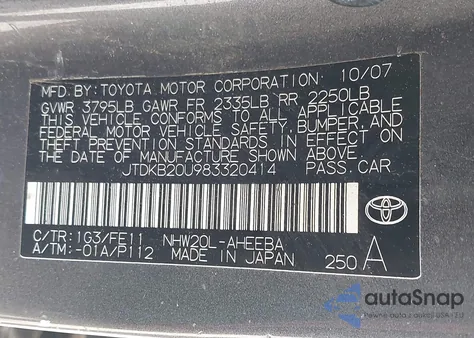 2008 Toyota Prius z USA, uszkodzony, nr VIN JTDKB20U983320414
